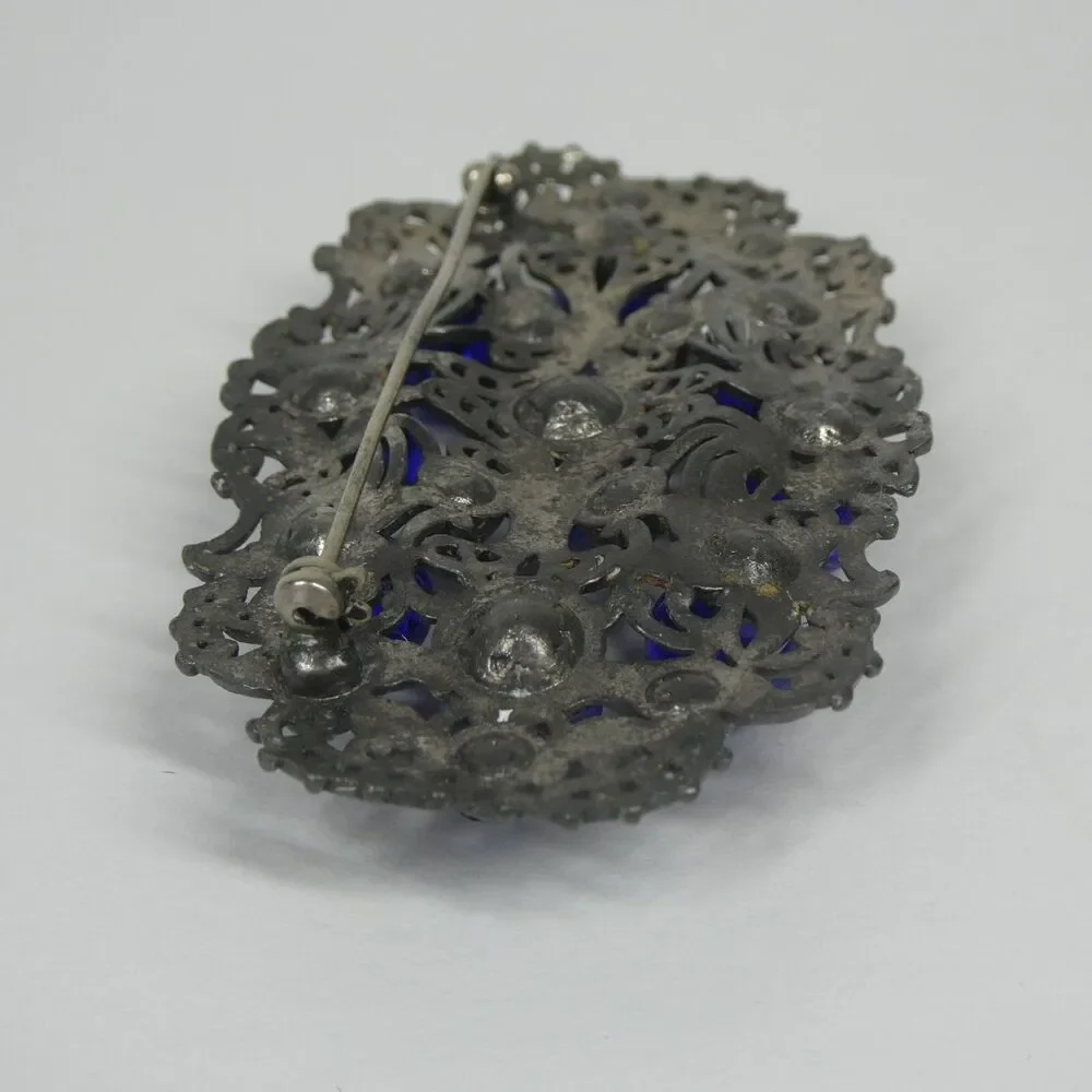 Silver Filigree Blue Rhinestone & Glass Crystal Brooch Antique Pin Czech?